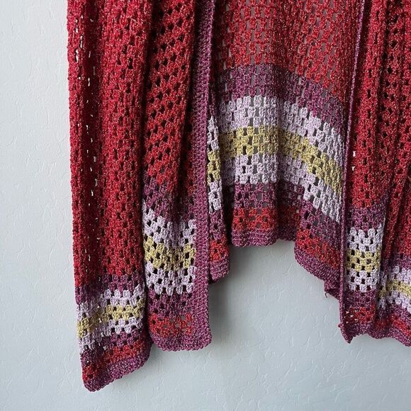 Rose Carmine Metallic Red Crochet Knit Colorblock Open Cardigan Sweater One Size - Picture 3 of 8